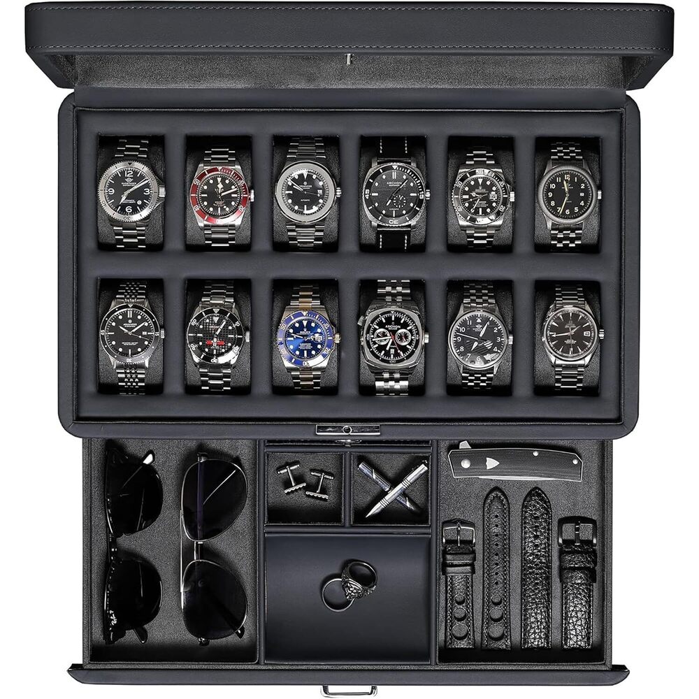 Luxury Watch Box for 12 Watches – PU Leather Watch Box with Real Glass
